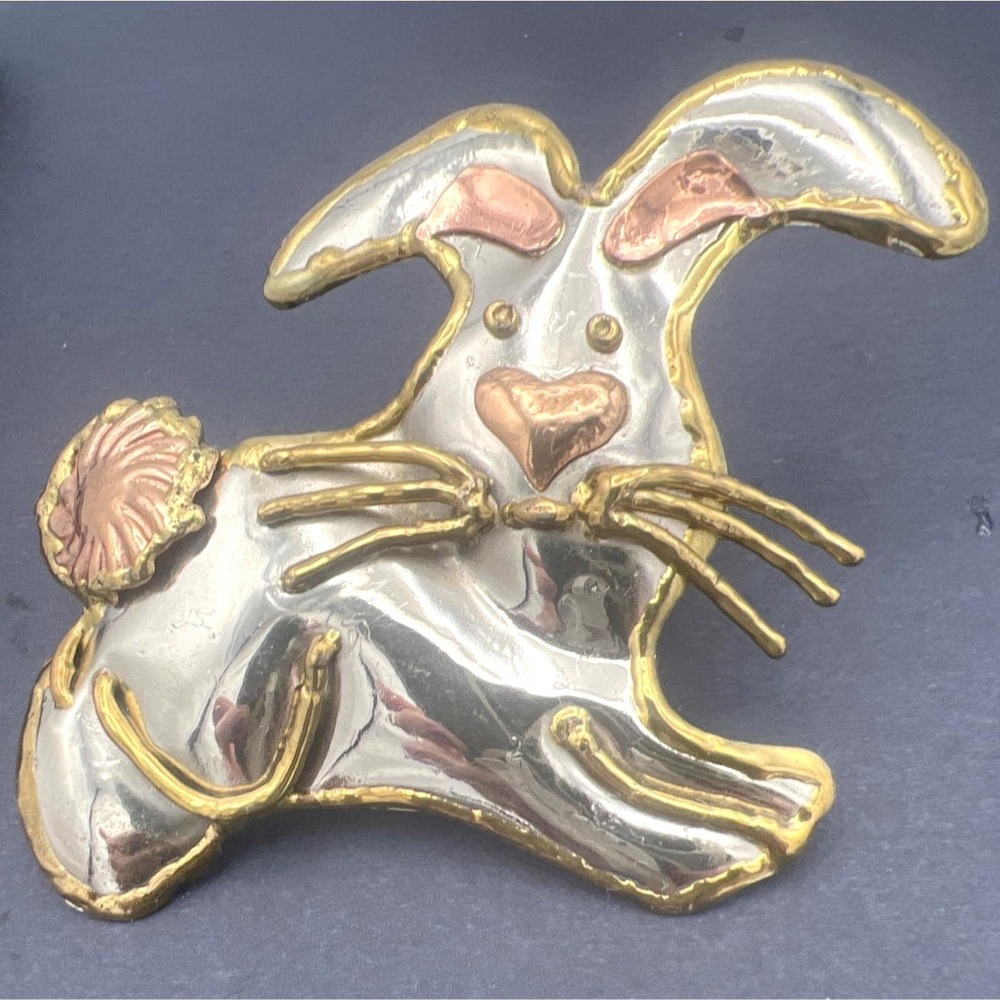 Bunny Rabbit Brooch Pendant Easter‎ Nursery Decor Tri tone Signed SJ 3.5 X 3"